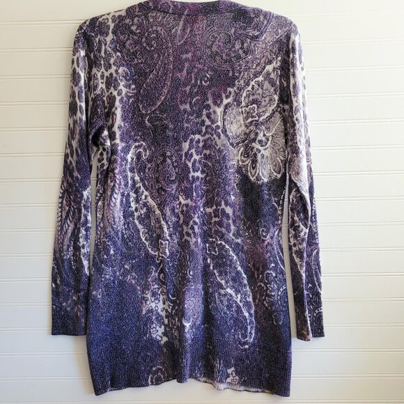 Chicos Cardigan Sweater Womens Purple Print Sparkly V Neck Long Cotton Blend - Picture 7 of 8